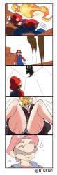 1boy 1girls 5koma absurdres ass barefoot blonde_hair bowser bowsette breasts comic commentary cowgirl_position door dress english_commentary facesitting facial_hair feet female from_below gameplay_mechanics genderswap gloves goomba grey_panties grin hat highres huge_ass large_breasts leotard looking_back lying male mario mario_(series) monster_girl moustache new_super_mario_bros._u_deluxe nintendo nisego on_back overalls panties pantyshot parody pointy_ears ponytail print_panties red_eyes rule_63 sitting sitting_on_face sitting_on_person smile straight style_parody super_crown super_mario_bros._3 thick_eyebrows underwear white_gloves
