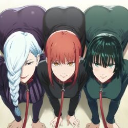 3girls ai_generated ass big_ass big_breasts breasts chainsaw_man collar crossover female fubuki_(one-punch_man) gigantic_ass green_eyes green_hair huge_ass huge_breasts jujutsu_kaisen large_ass large_breasts leash leashed_collar leo_dawg looking_at_viewer makima_(chainsaw_man) medium_breasts mei_mei_(jujutsu_kaisen) multiple_females multiple_girls one-punch_man pov pov_eye_contact red_hair trait_connection white_hair wide_hips yellow_eyes