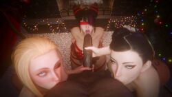 1boy 3d 3d_(artwork) 3d_animation 3girls animated asian_female black_hair blonde_hair cammy_white capcom christmas christmas_tree chun-li dark-skinned_male dark_skin detailed_background double_handjob fffm_foursome foursome hair_buns handjob interracial juri_han lazper licking_male_nipple light-skinned_female light_skin looking_at_viewer male_nipple_licking male_nipple_sucking male_pov pigtails pov protagonist_(sf6) short_video shorter_than_30_seconds soles sound street_fighter street_fighter_6 sucking_male_nipple sucking_nipples tagme tongue_out video