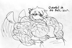 aaat-da anon_(snoot_game) anthro_female big_biceps big_muscles big_pecs big_trapezius boobs_bigger_than_head couple fang_(gvh) flexing goodbye_volcano_high hug huge_arms huge_pecs human_male human_male_on_anthro_female hyper_muscles muscular muscular_anthro muscular_arms muscular_female nipples pecs size_difference smiling_at_partner snoot_game veiny_muscles wings