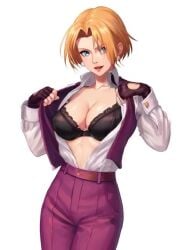 1girls ai_generated animated big_breasts bilburat blonde_hair blue_eyes clothed clothed_female formal_clothes king_(snk) king_of_fighters kissing light-skinned_female light_skin pale-skinned_female pale_skin pants short_hair suit tagme tuxedo undressing video