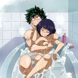 1boy 1girls bath bathing bathing_together bathroom bathtub big_breasts blush breasts caressing caressing_face completely_nude cute cute_male earlobe_jacks female foam freckles green-haired_male green_eyes green_hair hand_on_another's_face hand_on_cheek hand_on_face hug izuku_midoriya kyoka_jiro looking_away male male/female messy_hair mixed_bathing muscular muscular_arms muscular_male my_hero_academia naked nightlykrumbs nipples nude one_eye_closed purple-haired_female purple_hair reflective_body repost scar scars_on_arm short_hair smile soap soap_bubbles water wet wholesome