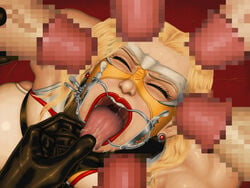 1girls blonde_hair bondage censored dental_gag erection female femsub gag kurogantetu leotard male maledom mask multiple_boys multiple_penises muscle open_mouth open_mouth_gag penis saliva straight superhero tied tongue tongue_grab tongue_out tongue_pull