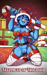 anthro belt big_breasts black_eyes blue_body blue_fur blue_hair breasts candy candy_cane cartoon_network christmas christmas_clothing christmas_headwear clothing collar dessert domestic_cat eyelashes feet felid feline felis female food front_view fur genitals gift_wrapped hair hat headgear headwear hi_res holidays kneeling legwear looking_at_viewer mammal nicole_watterson nipple_outline pink_nose santa_hat short_hair solo stockings studded_collar studs text the_amazing_world_of_gumball thick_thighs vulva wide_hips zelieldraws