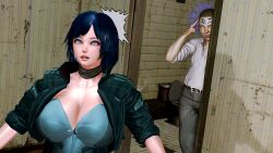 radranger character:cyber_cop original mind_control hypnotized_female tech_control unaware_hypnosis unaware blue_hair_female short_hair_female maledom femsub defeated_heroine heroine superheroine huge_breasts cleavage leotard imminent_rape rapist_and_victim choker collarbone open_mouth surprised shocked shocked_female leather_jacket absurd_res textless absurdres 3d 3d_(artwork) honey_select_2