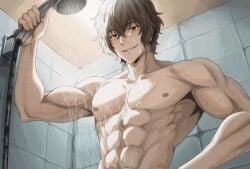1boy abs ai_generated animated athletic bathroom big_penis brown_eyes brown_hair bungo_stray_dogs bungou_stray_dogs cum cute dazai_osamu drawing male male_only osamu_dazai precum_drip scar shower showering six_pack smirk solo solo_male spread_legs tagme twink white_body