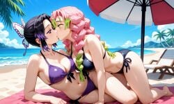 2girls ai_generated all_fours alternate_costume bangs bare_arms bare_legs bare_shoulders barefoot beach beach_towel beach_umbrella big_breasts bikini black_bikini black_hair black_swimsuit blush braid breast_press breasts butterfly butterfly_hair_ornament cleavage cloud collarbone couple day demon_slayer duo eye_contact female/female female_only friends godzillaninja2019 gradient gradient_hair green_eyes green_hair hair_ornament half-closed_eyes kanroji_mitsuri kimetsu_no_yaiba kissing kochou_shinobu legs long_hair looking_at_another love medium_breasts midriff mitsuri_kanroji multicolored_hair multiple_females multiple_girls mutual_yuri navel neck ocean outdoors palm_tree parted_bangs pink_hair purple_bikini purple_eyes purple_hair purple_swimsuit romantic romantic_couple shinobu_kocho short_hair side-tie_bikini sky swimsuit thighs tied_hair towel tree two-tone_hair umbrella water yuri