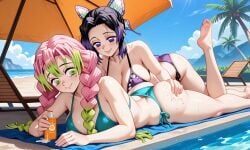 2girls ai_generated alternate_costume aqua_bikini aqua_swimsuit ass ass_grab bangs bare_arms bare_legs bare_shoulders barefoot beach beach_towel beach_umbrella big_ass big_breasts bikini black_hair blush braid breast_press breasts butterfly butterfly_hair_ornament cleavage closed_mouth cloud collarbone couple day demon_slayer duo eyebrows_visible_through_hair female/female female_only friends godzillaninja2019 gradient gradient_hair green_eyes green_hair hair_ornament half-closed_eyes happy holding holding_bottle holding_object kanroji_mitsuri kimetsu_no_yaiba kochou_shinobu legs long_hair looking_at_another lotion lotion_bottle love lying lying_on_stomach midriff mitsuri_kanroji multicolored_hair multiple_females multiple_girls mutual_yuri neck ocean on_stomach outdoors palm_tree parted_bangs pink_hair pool purple_bikini purple_eyes purple_hair purple_swimsuit romantic romantic_couple shinobu_kocho short_hair side-tie_bikini sky smile swimsuit thighs tied_hair towel tree two-tone_hair umbrella water yuri
