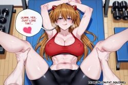1boy ai_assisted ai_generated arms_up asuka_langley_sohryu bangs bike_shorts blue_eyes brown_hair cleavage covered_nipples english_text exercise_mat fatest_squirrel from_above hair_ornament half-closed_eyes hand heavy_breathing large_breasts leg_grab leg_up legs_over_head licking_lips long_hair looking_at_viewer mature_female midriff muscular_male navel neon_genesis_evangelion on_back pov red_sports_bra sweat toned_female veiny_arms