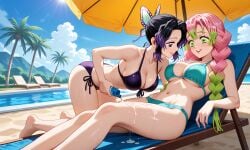 2girls ai_generated alternate_costume aqua_bikini aqua_swimsuit bangs bare_arms bare_legs bare_shoulders barefoot beach beach_umbrella big_breasts bikini black_hair blush braid breasts butterfly butterfly_hair_ornament cleavage closed_mouth cloud collarbone couple day demon_slayer duo female/female female_only friends godzillaninja2019 gradient gradient_hair green_eyes green_hair hair_ornament happy holding holding_bottle holding_object kanroji_mitsuri kimetsu_no_yaiba kochou_shinobu legs long_hair looking_at_another looking_down lotion lotion_bottle love medium_breasts midriff mitsuri_kanroji multicolored_hair multiple_females multiple_girls mutual_yuri navel neck ocean open_mouth outdoors palm_tree parted_bangs pink_hair pool purple_bikini purple_eyes purple_hair purple_swimsuit romantic romantic_couple round_teeth shinobu_kocho short_hair side-tie_bikini sky smile swimsuit teeth thighs tied_hair tree two-tone_hair umbrella upper_teeth upper_teeth_only water yuri