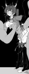 1girls 2boys absurdres arknights arknights:_endfield blush boots breasts chen_qianyu_(arknights:_endfield) clenched_teeth commentary_request commission cum cum_in_pussy female gangbang gloves greyscale group_sex high_heel_boots high_heels highres kynation low_twintails monochrome multiple_boys nipple_rub nipple_stimulation nipple_tweak nipples one_eye_closed rape saliva sex sex_from_behind sweat tears teeth twintails