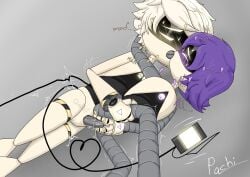 1boy 1girls french_kiss grey_background grey_hair intercourse kissing male/female murder_drones n_(murder_drones) naked pachinsfw penis_in_pussy purple_eyes purple_hair sex tail uzi_(murder_drones) vaginal_penetration yellow_eyes