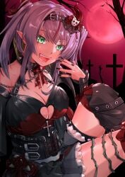1girls big_breasts black_corset black_dress black_leg_warmers black_nails black_wings bow breasts chains choker cleavage clothing_cutout collar corset cross cross-laced_clothes cross-laced_corset demon_girl demon_horns demon_wings detached_sleeves dress female fingernails frilled_dress frills froot green_eyes green_hair grey_hair hair_belt hairbow heart_cutout highres horns huge_breasts indie_virtual_youtuber jewelry kia6art large_breasts leg_warmers long_sleeves looking_at_viewer medium_breasts moon multicolored_hair multiple_rings neck_ribbon oerba_yun_fang open_mouth pointy_ears red_bow red_hair red_horns red_moon red_ribbon red_sky ribbon ring sharp_fingernails sky sleeveless sleeveless_dress smile solo spiked_choker spiked_collar spikes teeth thighs tombstone tree two_side_up virtual_youtuber vtuber wings