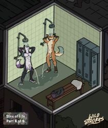 animal_genitalia animal_humanoid balls bodily_fluids canid canid_humanoid canine canine_humanoid dog_humanoid duo english_text fox genital_fluids genitals hi_res humanoid male mammal mammal_humanoid nude peeing peeing_together sheath shower text urine urine_stream wild_strokes