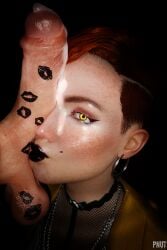 1boy1girl 1girls 3d 3d_(artwork) 4k aurore_cassel blender blender_(software) cock_hungry cock_worship cum cum_on_face cyberpunk_2077 cyberpunk_2077:_phantom_liberty earrings fellatio female female_focus freckles_on_face ginger ginger_hair gold_eyes hi_res highres kiss_mark kiss_marks kissing kissing_penis lipstick lipstick_mark lipstick_on_balls lipstick_on_penis looking_at_viewer looking_pleasured oral partial_male penis_awe penis_on_face pnut red_hair straight