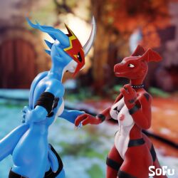1:1 bandai_namco breasts digimon digimon_(species) duo female flamedramon genitals guilmon guilmon_(furromantic) humanoid male male/female monster_boy penis