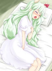 alternate_costume beige_skin blush closed_eyes clothed_masturbation clothes clothing color dress ex-keine female female_only green_hair hair horns keine_kamishirasawa long_hair lying masturbation masturbation_through_clothing mokuyou nightgown on_side open_mouth solo tail touhou