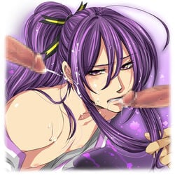 blush censored cum disembodied_penis facial forced gakupo_kamui gay group_sex hair_grab long_hair male open_clothes open_shirt oral penis purple_eyes purple_hair saliva shirt threesome trap two_on_one vocaloid yaoi