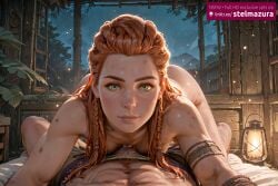1boy abs ai_assisted ai_generated all_fours aloy ass body_freckles braid breasts clothed_male_nude_female completely_nude cowgirl_position dirty dirty_face erection female forehead freckles green_eyes horizon_forbidden_west horizon_zero_dawn indoors lantern lips long_hair looking_at_viewer lying male_pubic_hair multiple_braids night night_sky nipples nose nude on_back orange_hair penis plant pov pubic_hair sex sky small_breasts smile solo_focus star_\\\\(sky\\\\) starry_sky straddling straight sweat thick_eyebrows twin_braids uncensored vaginal_penetration