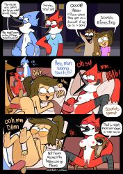absurd_res alwerart anal anal_only anal_penetration anthro avian balls bent_over bird blue_jay blush bodily_fluids breasts cardinal_(bird) cartoon_network comic corvid eileen_roberts eulipotyphlan female genital_fluids genitals group hi_res jay_(bird) kneeling larger_penetrated lying male mammal margaret_smith_(regular_show) moan mole_(animal) mordecai_(regular_show) new_world_jay nipples nude oral oral_penetration oscine partner_swap passerine penetration penis procyonid raccoon regular_show rigby_(regular_show) sex sitting size_difference speech_bubble text vaginal vaginal_fluids vaginal_penetration