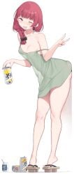areola_slip ass ass_against_wall ass_squish ass_visible_through_thighs beer beer_can black_nails black_toenails blush bocchi_the_rock! body_lines cloba drunk fang full_body geta hiroi_kikuri holding_can naked_dress nose_blush one_eye_closed open_mouth sandals see-through see-through_dress small_breasts smile straw thighs v