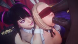 1boy 2girls 3d 3d_animation animated asian asian_female assisted_fellatio balls big_penis black_hair blonde_female blonde_hair blowjob blue_eyes bunny_ears cammy_white capcom cock_worship collaborative_fellatio dark-skinned_male dark_skin eye_contact eyeshadow fellatio female ffm_threesome hair_over_one_eye interracial juri_han korean korean_female large_penis lazper light-skinned_female light_skin longer_than_10_seconds male moaning multicolored_hair oral oral_penetration oral_sex penis purple_eyes purple_hair shorter_than_30_seconds sound street_fighter street_fighter_6 sucking sucking_penis tagme threesome veiny_penis video