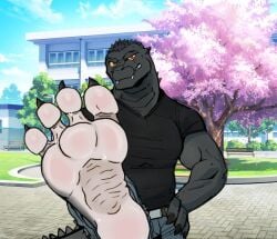 ai_generated angry_expression annoyed_expression anthro blue_sky buff cherry_blossoms daytime feet foot_fetish godzilla godzilla_(series) grey_skin kaiju male male_feet muscular_male outdoors pale_soles presenting_foot scalie scalie_male spread_toes sweaty sweaty_feet tail toe_claws toes