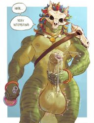 anthro balls balls_expansion banana_da_boi big_balls bodily_fluids bone bone_mask dripping erection expansion foreskin genital_expansion genital_fluids genitals green_body hi_res huge_balls humanoid_genitalia humanoid_penis leaking_precum lihzahrd lizard male male_only mask masturbation muscular muscular_anthro muscular_male nipples pecs penile penile_masturbation penis potion potion_bottle precum reptile scalie simple_background skull skull_mask solo tail terraria witch_doctor_(terraria)