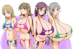 2girls areola_slip areolae armpits bb bikini blush breast_envy breasts cleavage erect_nipples female female_only gigantic_breasts huge_breasts hyper hyper_breasts jt_dong-agyoku large_breasts lineup nipples pointy_ears smile swimsuit