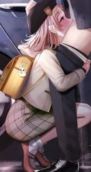 1boy 1girls absurdres all_the_way_to_the_base ankle_socks anklehighs backpack bag balls balls_deep balls_deep_fellatio belt beret black_footwear black_headwear black_pants blush brown_footwear car clothed_female clothed_sex cum cum_in_mouth cum_inside cumdrip deepthroat deepthroat_hug earrings eyebrows_visible_through_hair fellatio female frilled_legwear frilled_socks from_side fully_clothed fully_clothed_female grey_skirt ground_vehicle hand_on_another's_head hat heavy_breathing highres hood hooded_jacket hug_and_suck idolmaster idolmaster_shiny_colors jacket jewelry light_brown_hair long_sleeves male malesub medium_hair motor_vehicle open_clothes open_jacket oral outdoors pants pants_pull producer_(idolmaster) public_sex randoseru sakuragi_mano shoes skirt socks socks_and_shoes squatting tiptoes turisasu white_legwear white_socks yellow_bag