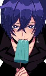ahe_gao ahegao_face blue_eyes blue_hair breasts collar gay_blowjob implied implied_oral implied_sex kaito kaito_(vocaloid) kaito_v1 pecs popsicle