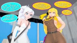 2girls 3d arm_behind_head arrancon bandeau big_breasts blonde_female blue_eyes breasts busty cleavage clothed_female dialogue different_breast_sizes half-closed_eyes hand_on_hip hi_res large_breasts long_hair long_hair_female looking_down model_pose multiple_girls overalls purple_eyes robotic_arm rwby shocked_expression smile text tube_top tubetop underboob weiss_schnee white_hair white_hair_female yang_xiao_long