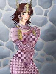 armor blush bodystocking breasts brown_eyes brown_hair crown erect_nipples female hall nipples pubic_hair sengoku_musou sengoku_musou_3 short_hair solo tachibana_ginchiyo