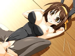 animal_ears big_breasts blush breasts breasts_out bunny_ears bunny_suit bunnysuit censored chopsticks clenched_teeth clothed_rape crotchless cum cum_inside hairband leotard_aside lying nipples pantyhose penis rape sex suzumiya_haruhi suzumiya_haruhi_no_yuuutsu tears torn_pantyhose vaginal_penetration