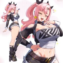 1girls 3d 3d_(artwork) absurd_res absurdres ass belt belt_buckle big_breasts black_shorts bottomwear breasts crop_top ear_piercing earrings female female_only hair hair_ornament hair_ribbon hairclip hand_on_hip heart heart_earrings high_resolution highres hips huge_breasts light-skinned_female long_hair mikadawn mole mole_on_breast mole_under_eye multicolored_nail_polish multicolored_nails nail_polish nails necklace neckwear nicole_demara pink_hair pose posing ribbon short_shorts shorts solo solo_female sparkles topwear twintails zenless_zone_zero