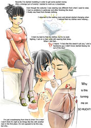 2010 2boys artist_request black_hair breast_padding bulge clothes crossdressing dress earrings erection eyeliner eyeshadow femboy footwear green hair high_heels jewelry kissing lipstick makeup male male_only nail_polish panties pantyhose penis shoes text underwear yaoi