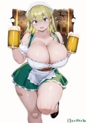 aymusk bandaid_on_thigh beer_glass black_shoes blonde_hair blue_eyes blush body_freckles breast_freckles breasts cleavage collarbone commentary_request cup curvy dirndl dress female flying_sweatdrops freckles freckles-chan_(aymusk) german_clothes green_dress hair_between_eyes highres holding holding_cup huge_breasts indoors long_hair looking_at_viewer mole mole_on_breast mole_on_leg open_mouth original shoes sidelocks simple_background solo standing standing_on_one_leg teeth thick_eyebrows thick_thighs thighs upper_teeth_only veins veiny_breasts white_background wide_hips