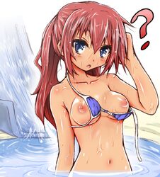 accidental_exposure bikini_malfunction bikini_top blue_eyes breasts highres long_hair navel naz nipples original red_hair swimsuit wardrobe_malfunction water water_slide