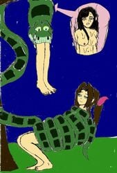 2girls aerith_gainsborough crossover disney female final_fantasy final_fantasy_vii human hypnosis jking kaa male mind_control nipples restrained snake the_jungle_book tifa_lockhart vore