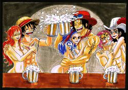 3boys 3girls abs alvida beer big_breasts black_hair blue_hair completely_nude completely_nude_female completely_nude_male covered_pussy female hat heivais koby_(one_piece) large_breasts long_hair male monkey_d_luffy muscular_male nami nami_(one_piece) nojiko one_piece orange_hair pink_hair portgas_d_ace smile straw_hat tattoo