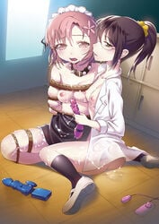 2girls blush boku_wa_tomodachi_ga_sukunai bondage breasts brown_eyes brown_hair collar dildo female femdom flats glasses haganai hair_ornament indoors kneehighs kneeling kusunoki_yukimura mary_janes multiple_girls nipples no_panties open_clothes open_mouth open_shirt pussy_juice rika_shiguma rope shiguma_rika shirt short_hair slave smile spread_legs sweat topless uwabaki vibrator yukimura_kusunoki yuri