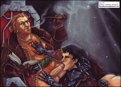 1boy 1girls armor ass bioware black_hair blonde_hair book cassandra_pentaghast chest_hair dragon_age dragon_age_2 dwarf fellatio female male oral penis pubic_hair sitting smoking varric_tethras vp