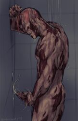 1boy charon cum fallout fallout_3 ghoul_(fallout) male male_focus male_only masturbation pirate-cashoo shower showering solo wet wet_hair