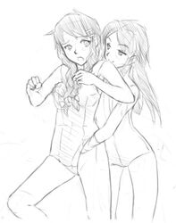 2girls amputee bangs blush braid doomfest face female from_behind grabbing_from_behind hair_ornament hairclip hand_in_swimsuit katawa_shoujo long_hair miura_miki molly_kapur monochrome multiple_girls one-piece_swimsuit school_swimsuit sketch swimsuit twin_braids yuri