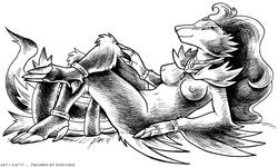 anthro breasts claws crossed_legs female female_only kaemantis monochrome nipples pokemon reshiram side_view solo tagme vulva