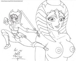 1girls ahsoka_tano big_breasts breasts cleavage clone_wars clothed clothing female_focus female_only looking_at_viewer monochrome nipples open_mouth pose revealing_clothes simple_background smile solo spread_legs star_wars supergeorgesapiens the_clone_wars:_season_one togruta watermark white_background