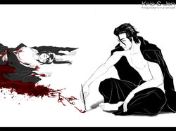 1boy 1girls aizen_sousuke bleach bleeding blood blood_puddle blood_stain breasts brush closed_eyes clothing color corpse death drawing exposed_breasts eyes female gore guro hinamori_momo human jenyel lying male monochrome on_back open_eyes paintbrush partially_colored puddle selective_color sitting sosuke_aizen text white_background