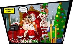 1boy 2girls bololo bondage brown_hair christmas christmas_elf cosplay crossover daphne_blake english english_text gag gagged glasses hanna-barbera nipples penis red_hair santa_claus scooby-doo velma_dinkley