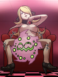 cynthia_(pokemon) female habatakuhituji high_heels human naked_footwear naked_shoes naked_stockings nintendo pokeball pokemon pokemon_dppt source_request spiritomb spread_legs stockings thighhighs