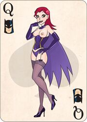 barbara_gordon batgirl batgirl_(the_batman) batman_(series) breasts cape corset dc_comics female female_only gloves high_heels human lingerie ninjakitty nipples panties playing_card red_hair solo stockings the_batman topless white_background